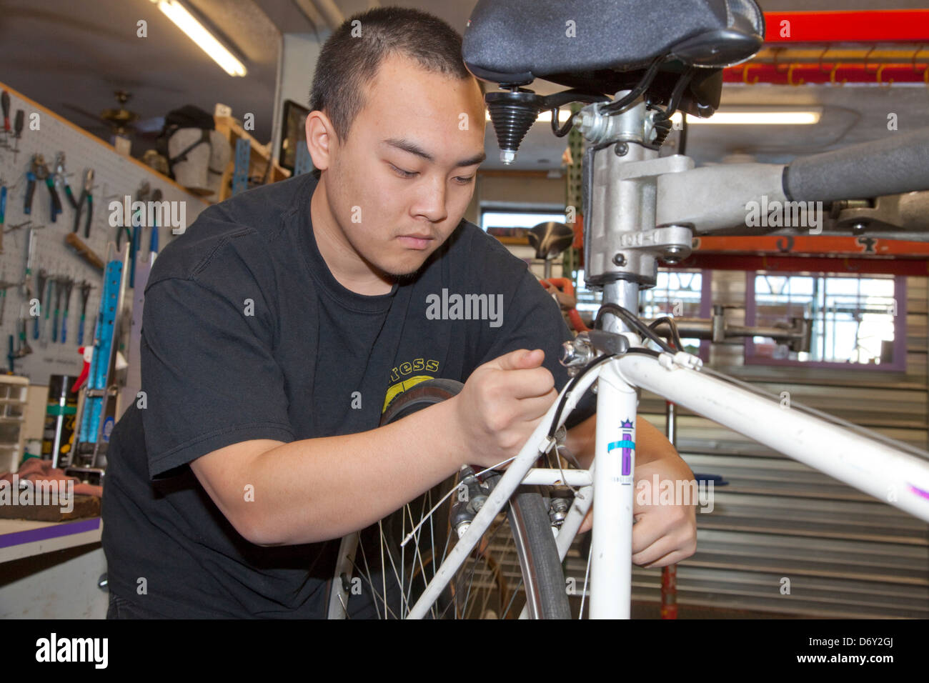 Asian American teen adjusting bicycle breaks at the nonprofit Youth