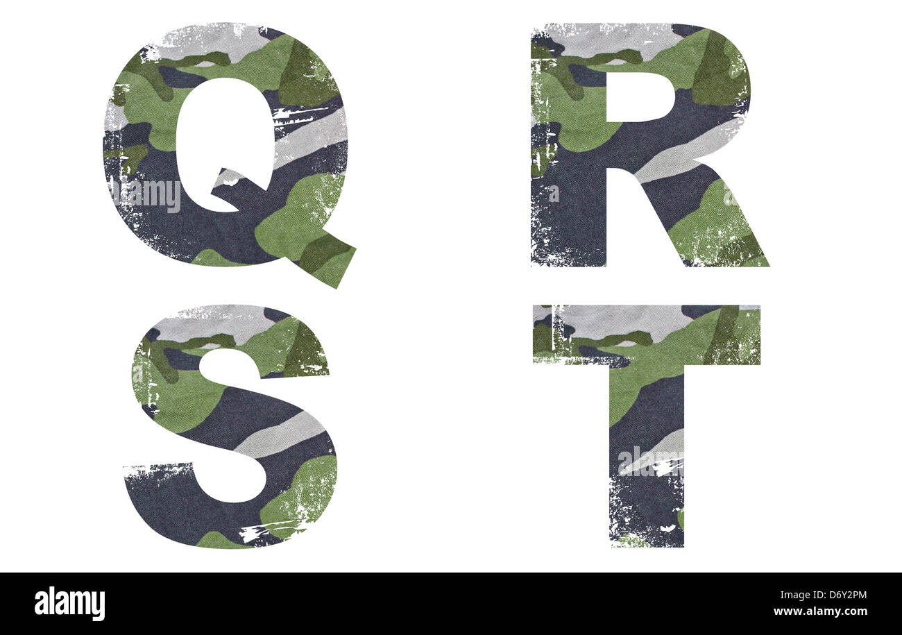 Q-R-S-T alphabet from military fabric texture on white background. Stock Photo