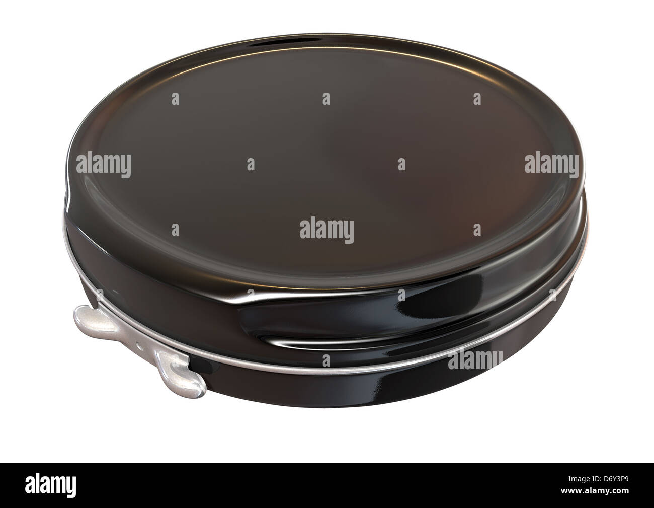 A regular disk shaped black metal tin closed on an isolated background Stock Photo