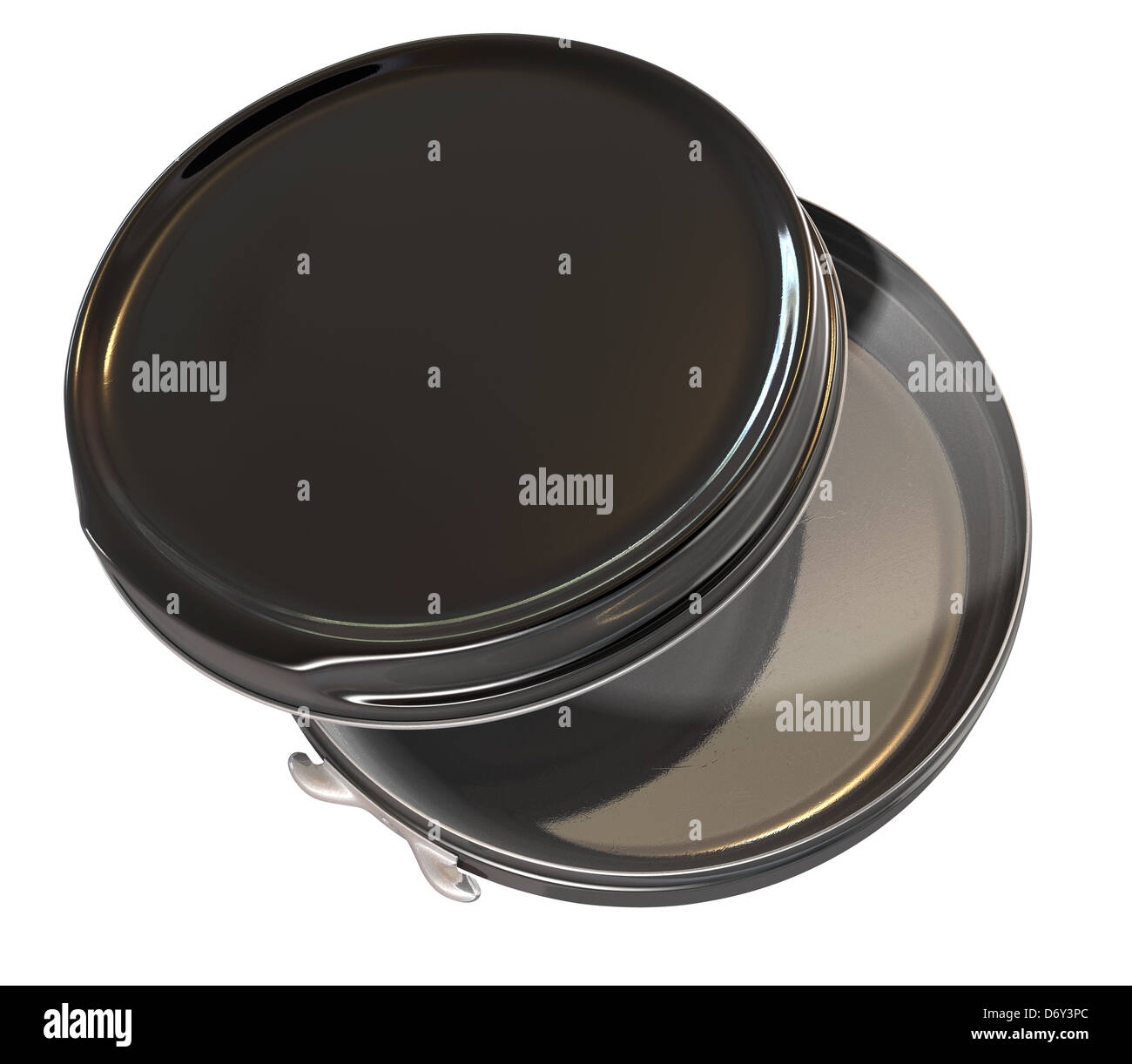 A regular disk shaped black metal tin open on an isolated background Stock Photo