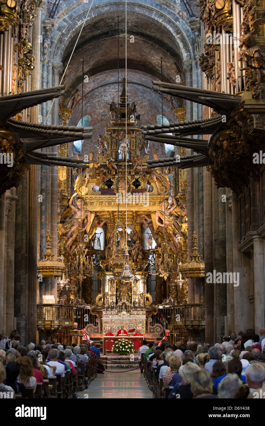 Mass being celebrated by priest in Roman Catholic 11th Century cathedral, Catedral de Santiago de Compostela, Galicia, Spain Stock Photo