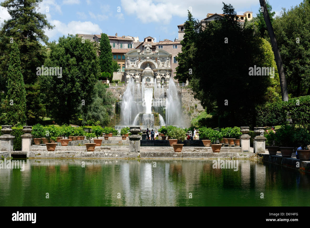 Villa d Este. Tivoli. Italy. View over the level gardens and fishponds of the spectacular and cascading fountain of Neptune with Stock Photo