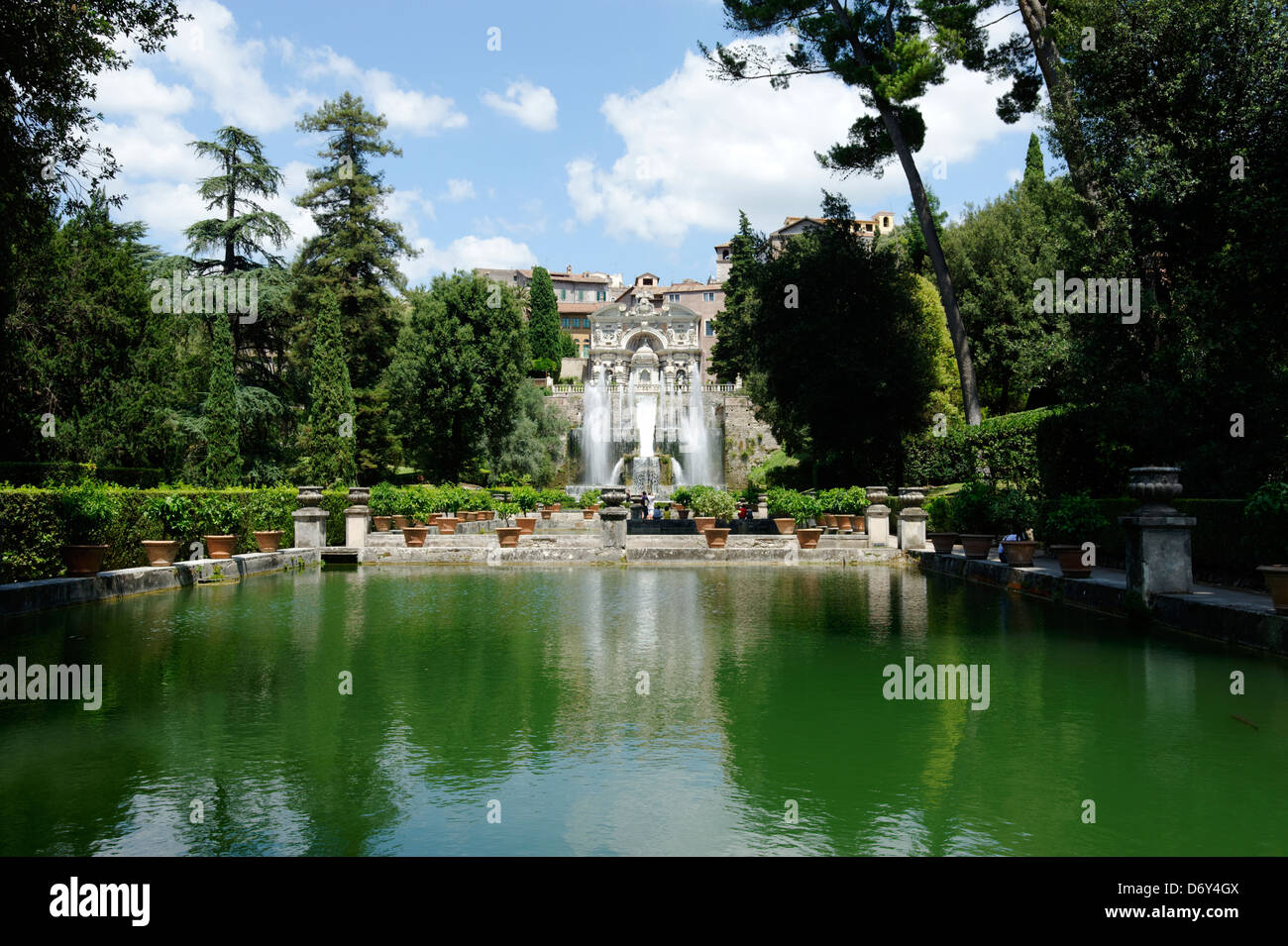 Villa d Este. Tivoli. Italy. View over the level gardens and fishponds of the spectacular and cascading fountain of Neptune with Stock Photo