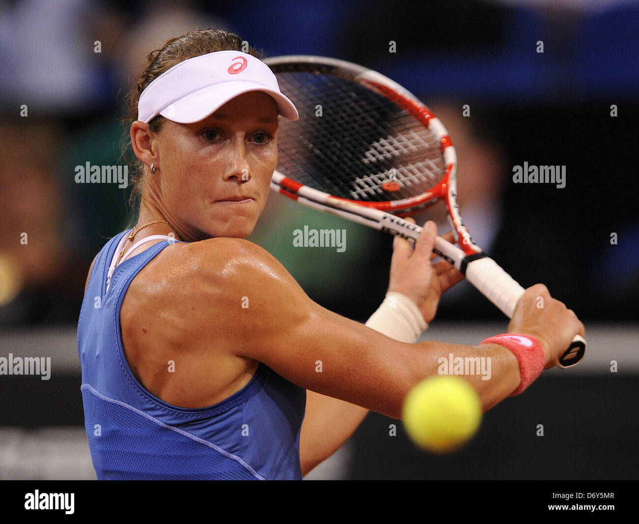 Stuttgart, Germany. 24th April, 2013. Australia's Samantha Stosur hits the ball during the first-round match of the WTA Tennis Grand Prix against Serbia's Jankovic at Porsche Arena in Stuttgart, Germany, 24 April 2013. Photo: DANIEL MAURER/dpa/Alamy Live News Stock Photo