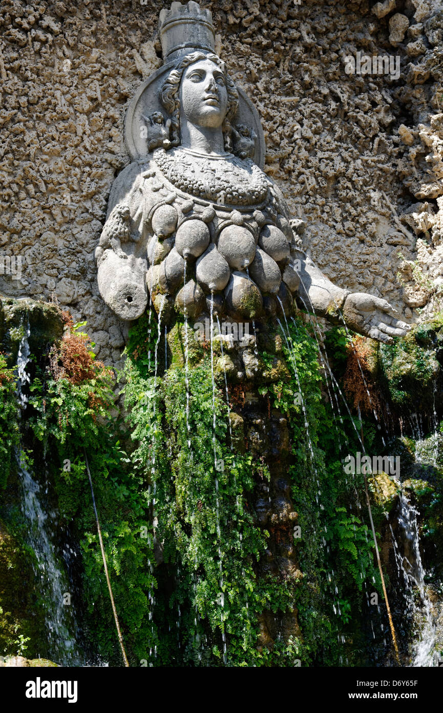 Villa d’Este. Tivoli. Italy. View of Fontana Della Madre Natura with a statue of Diana of Ephesus, the great nature goddess. Scu Stock Photo
