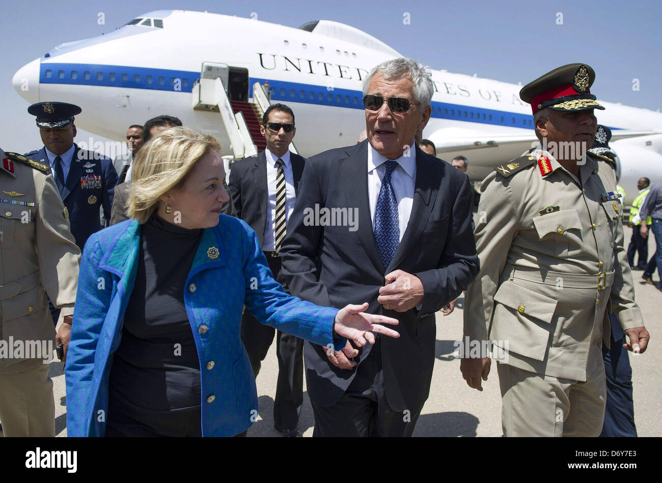 Cairo, Egypt. 24th April, 2013. U.S. Defense Secretary Chuck Hagel speaks with U.S. Ambassador to Egypt Anne Patterson and Egyptian Army Chief of Staff Major General Sedki Sobhi upon his arrival in Cairo April 24, 2013  (Credit Image: Credit:  Tareq Gabas/APA Images/ZUMAPRESS.com/Alamy Live News) Stock Photo