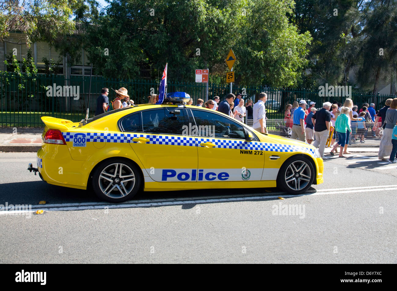 ANZAC day parade in Avalon Beach Sydney, police saloon car forms part of the march celebrations,Sydney,NSW,Australia Stock Photo