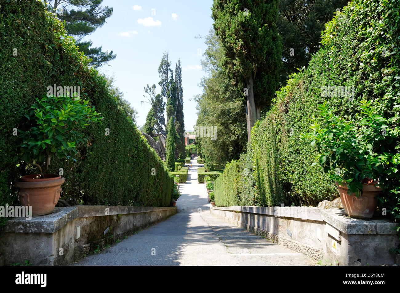 Villa d’Este. Tivoli. Italy. View along the central axis of the gardens. Villa d’Este, renowned for its spectacular use of water Stock Photo