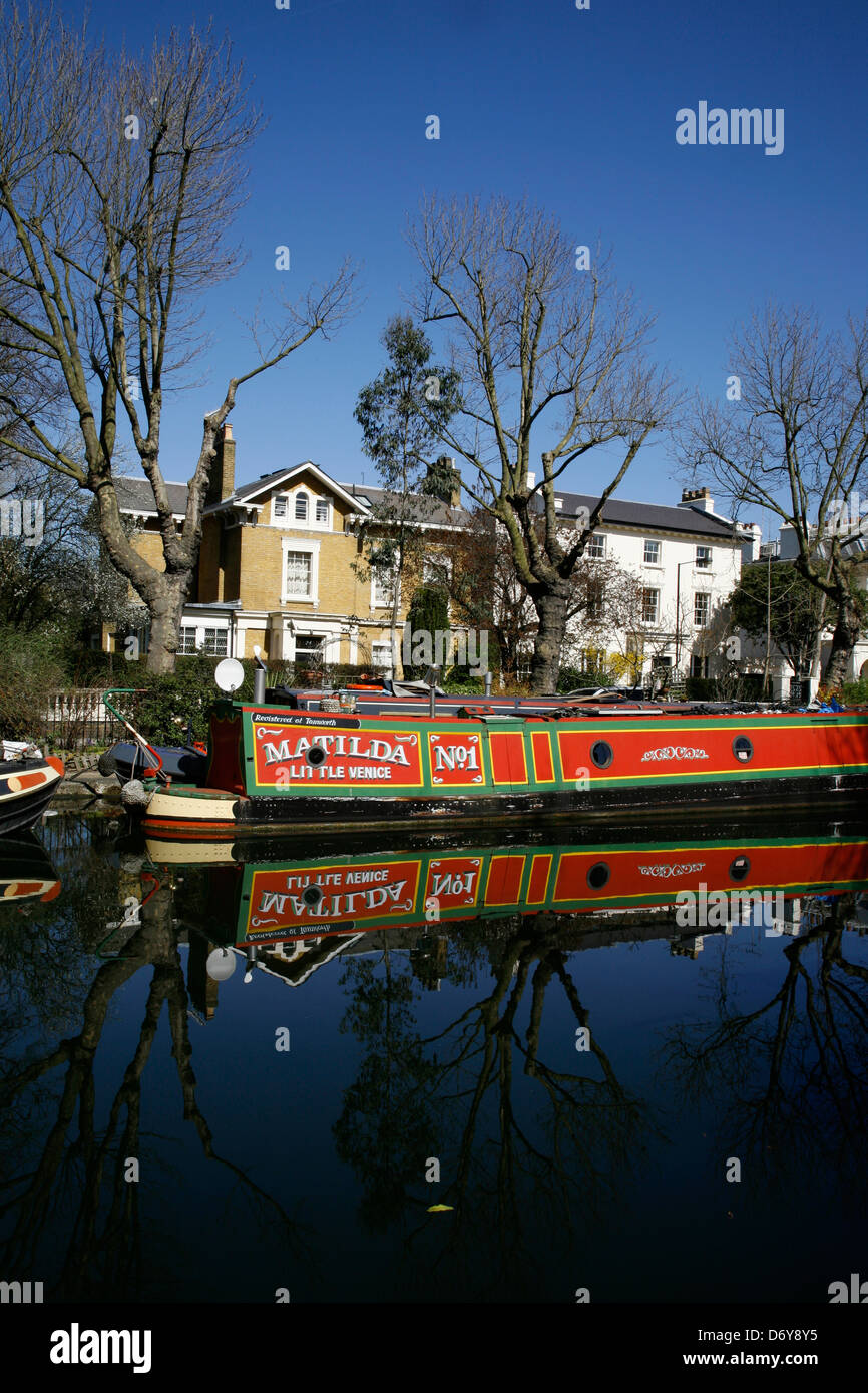 Canal boat moored on the Regent's Canal beside Blomfield Road, Maida Vale, London, UK Stock Photo