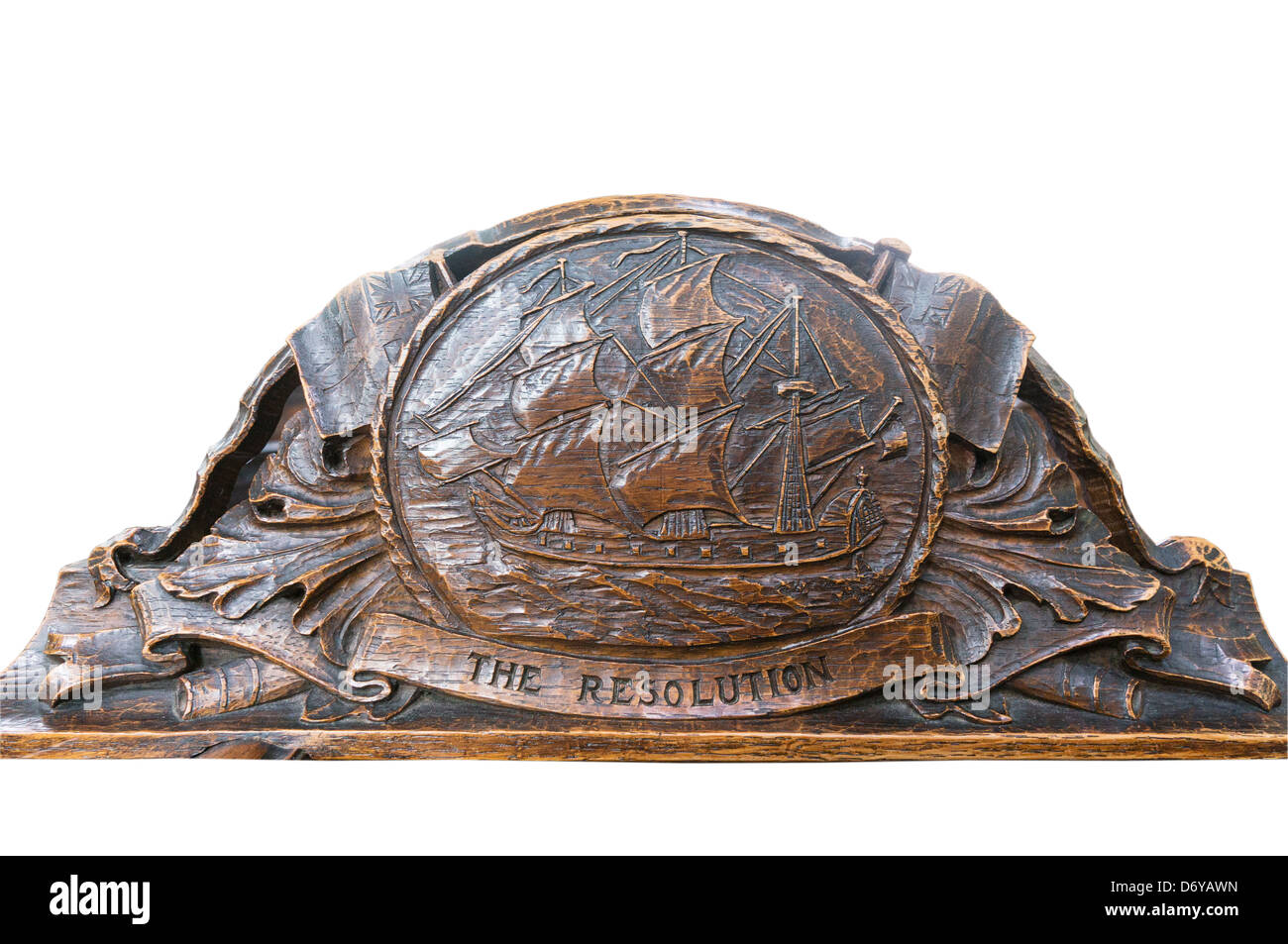 Wood carving The Resolution from a pew within Stockton-on-Tees parish church north east England UK isolated on white background. Stock Photo