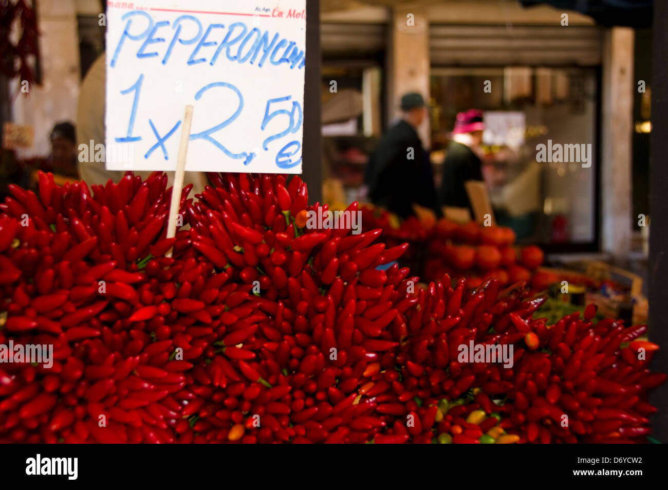 Malagueta red chili peppers for sale at a market stall, Venice, Veneto, Italy Stock Photo