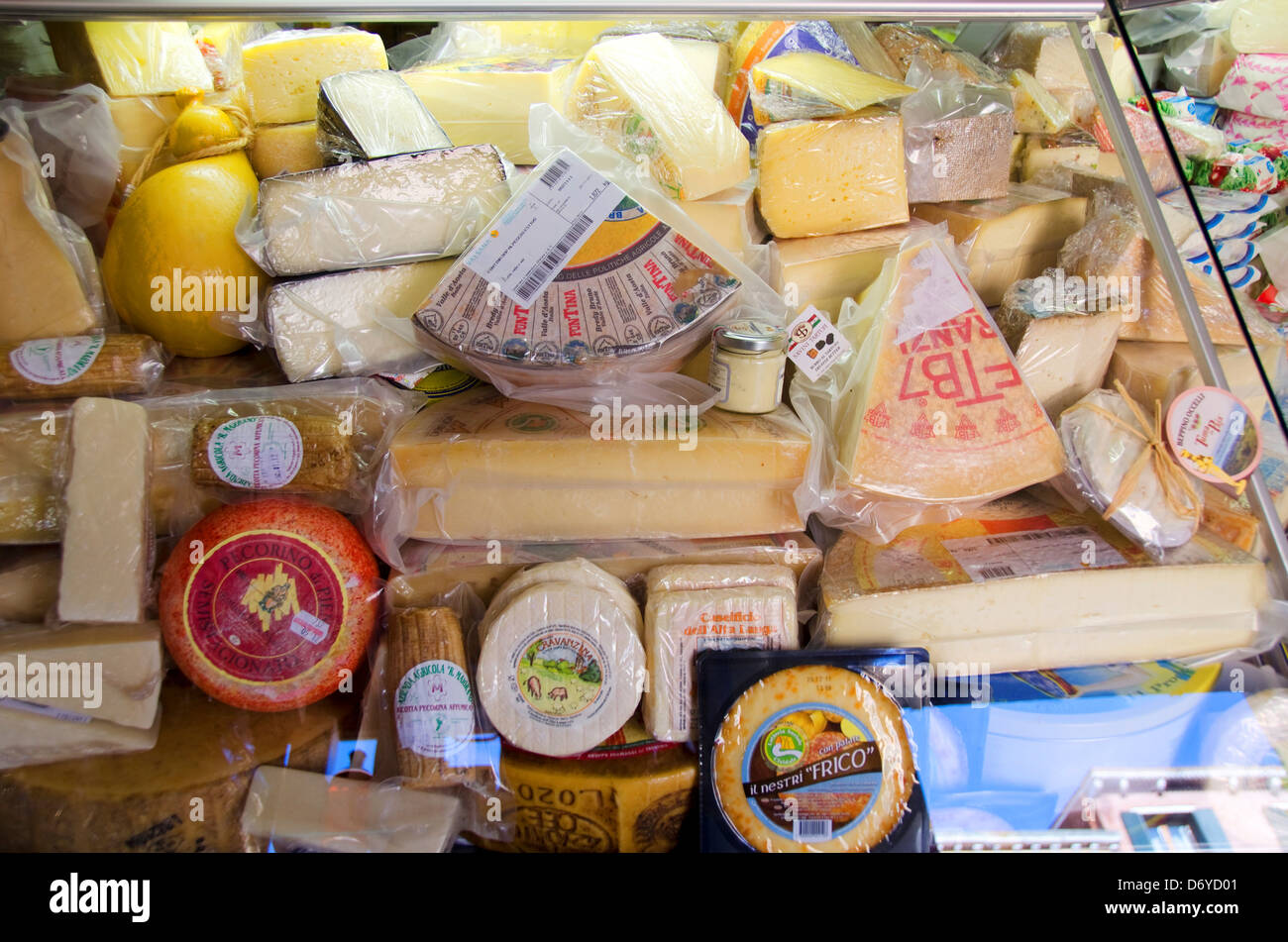 Variety of cheese on a display for sale, Venice, Italy Stock
