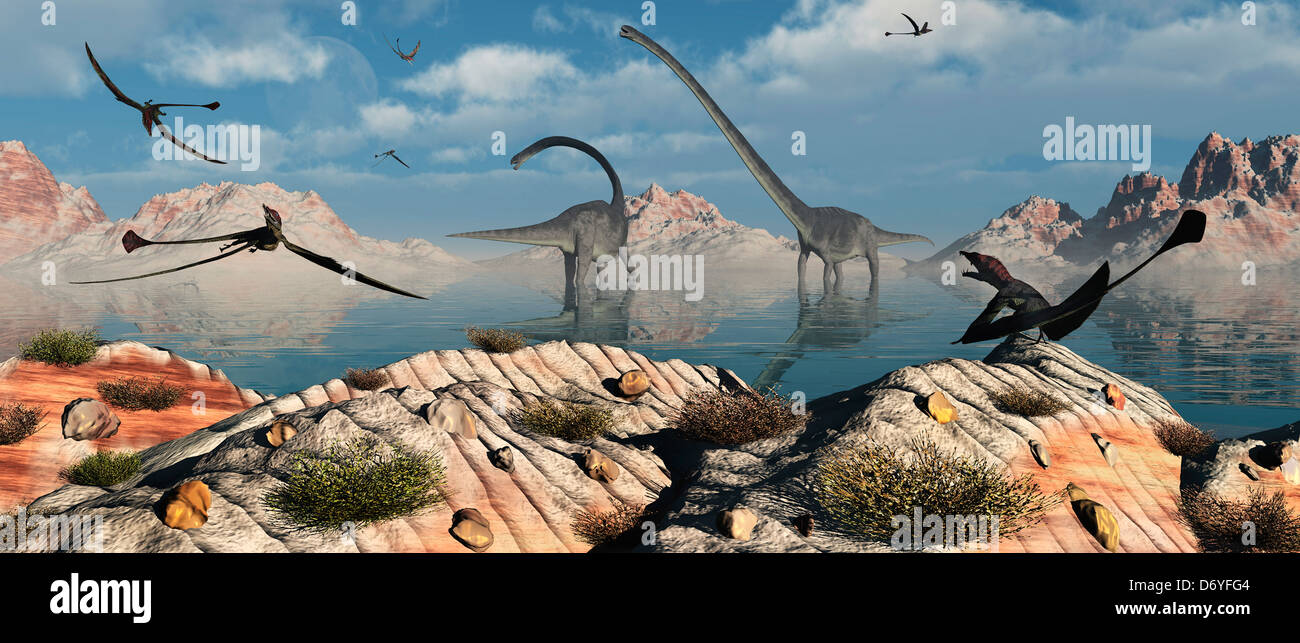 Omeisaurus Sauropod Dinosaurs, & Pterosaurs Feeding From A Frashwater Lake. Stock Photo