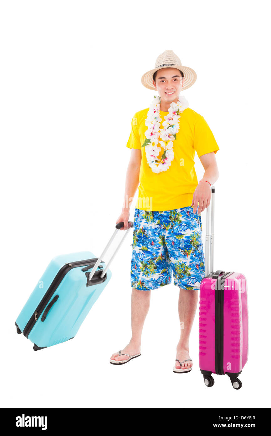 happy young man enjoy summer vacation with travel suitcase Stock Photo
