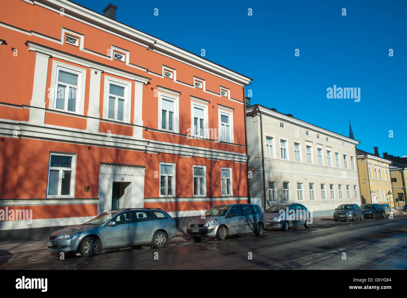 19th century residential buildings along Hallituskatu street central Pori Finland Europe Stock Photo