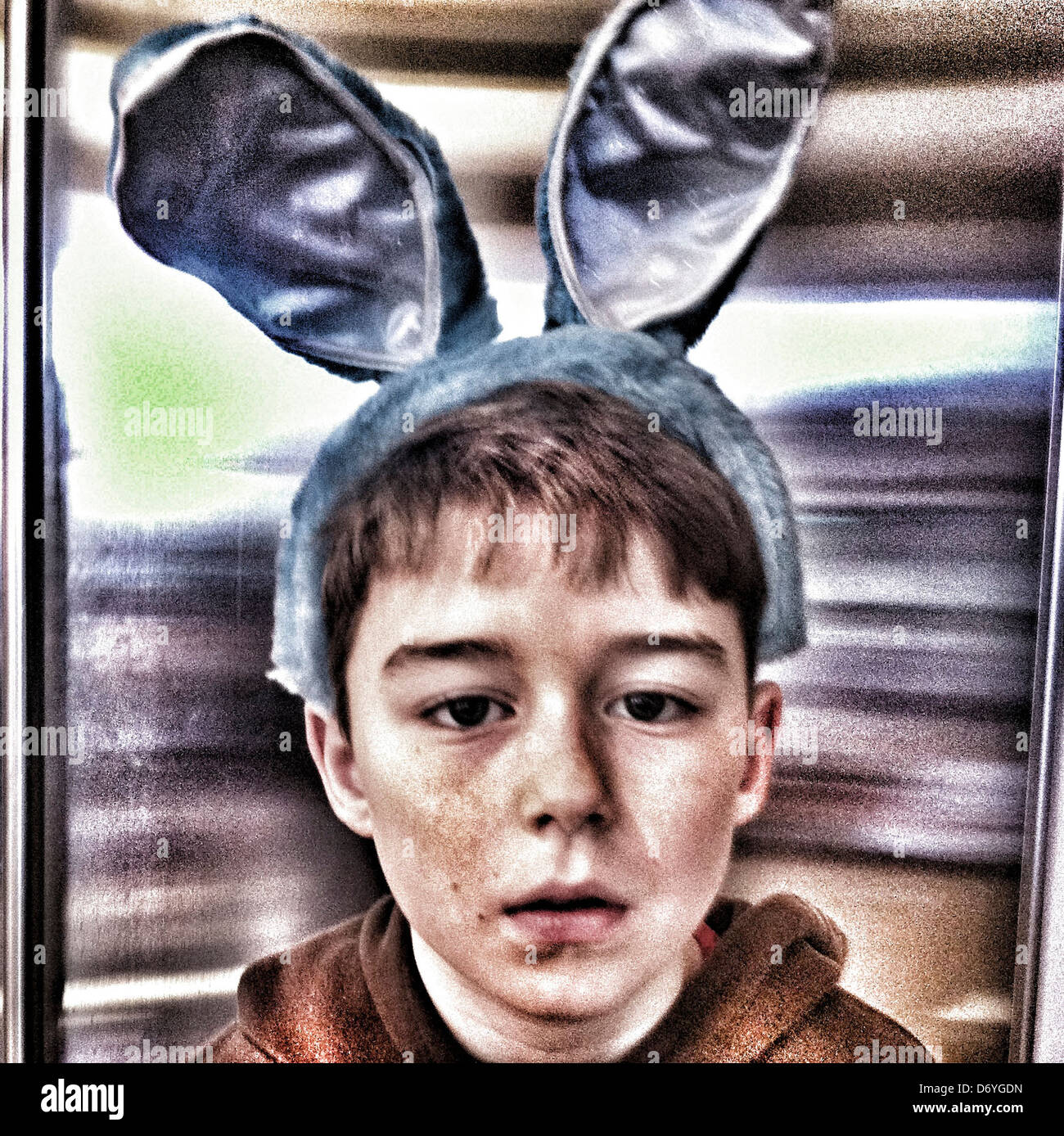 Caucasian boy in rabbit ears - Smartphone Captured Stock Image