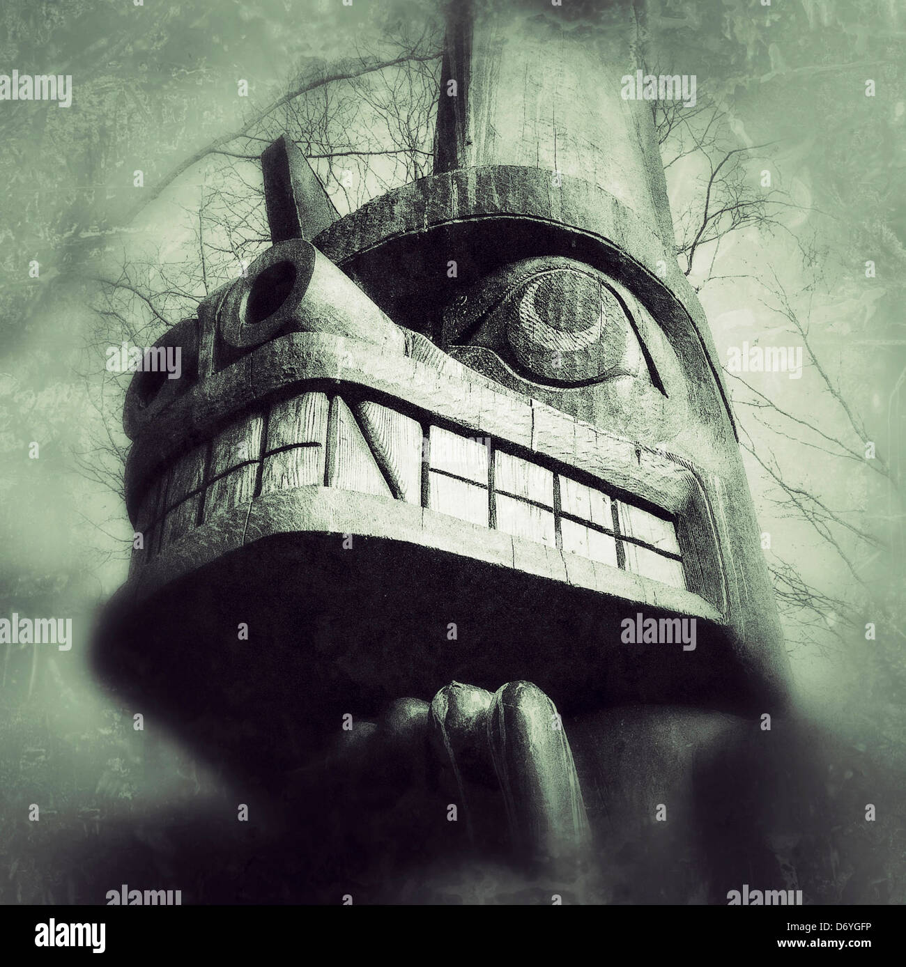 Close up of wooden totem pole - Smartphone Captured Stock Image