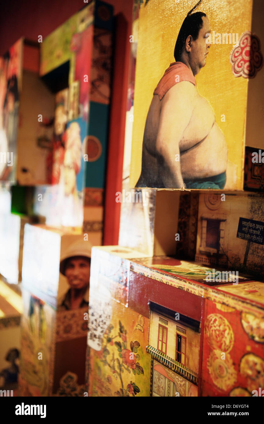 Collection of paper boxes decorated with Asian influenced illustrations, Singapore Stock Photo