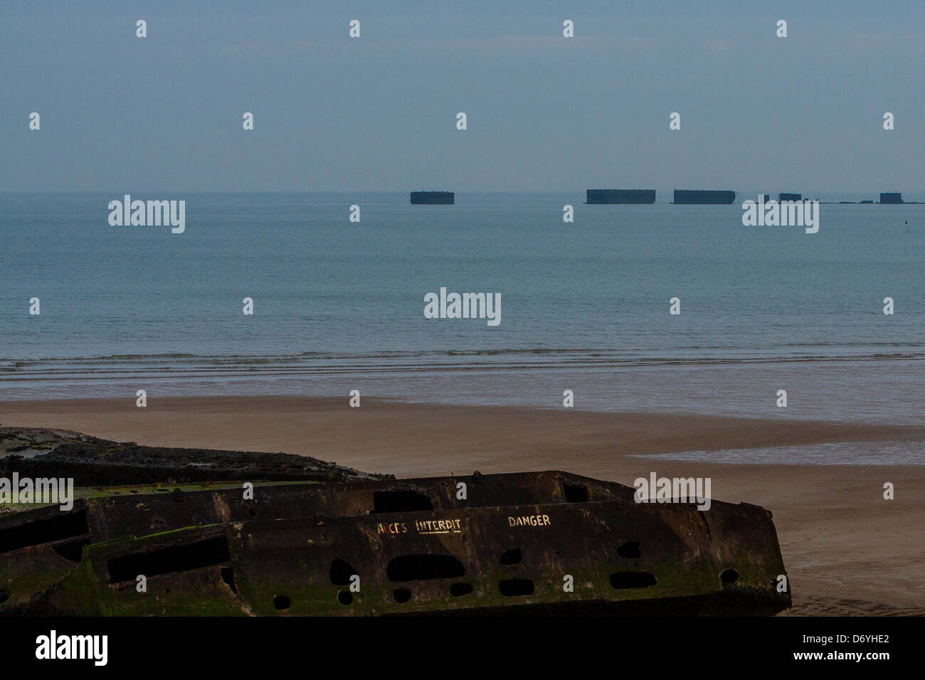 mulberry harbour on the gold beach debarquement of Arromanches-Les-Bains, june 6 th 1944, second war (1939-1945), Normandyce Stock Photo