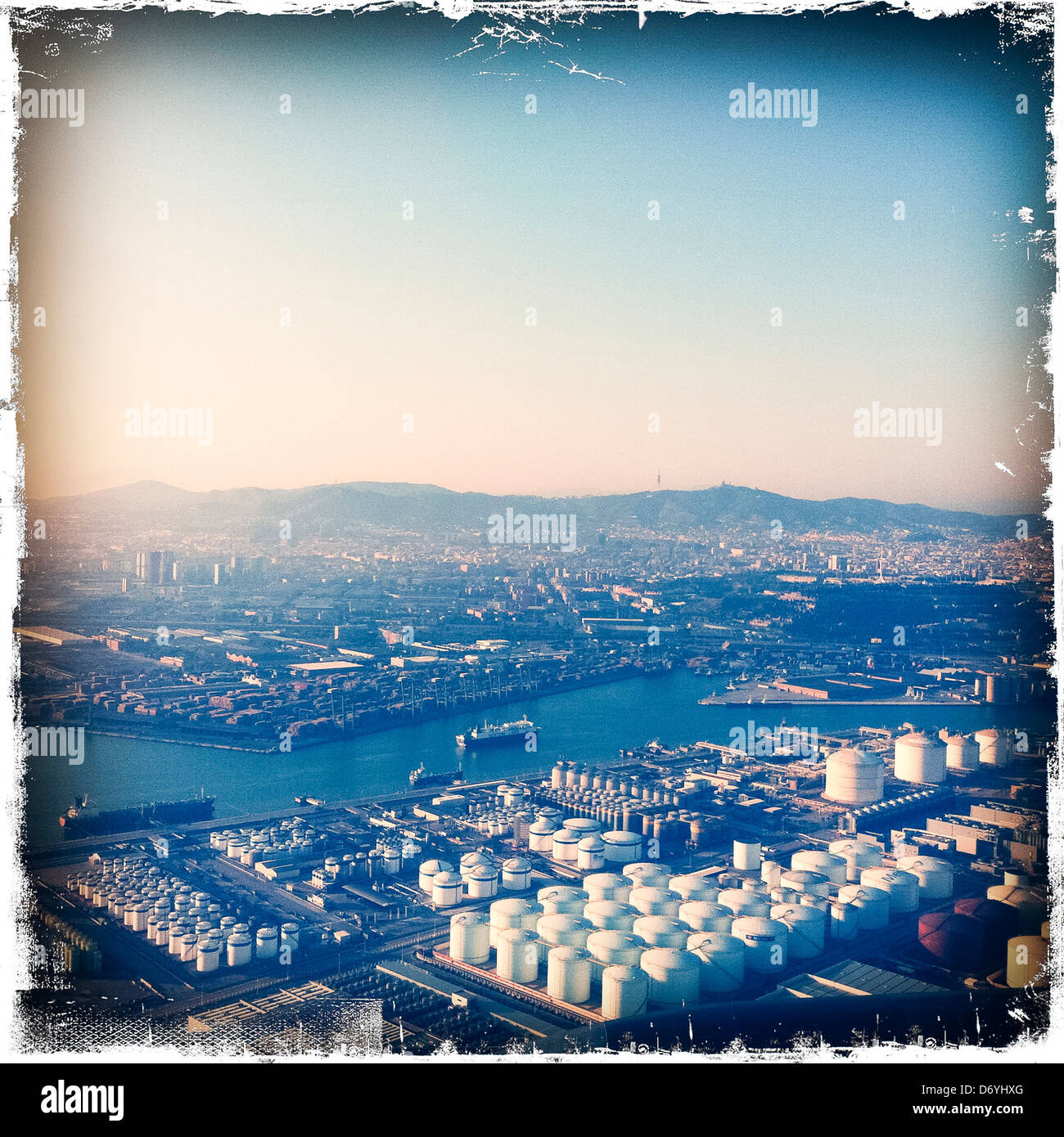 Tanks in urban industrial area, Barcelona, Catalonia, Spain - Smartphone Captured Stock Image