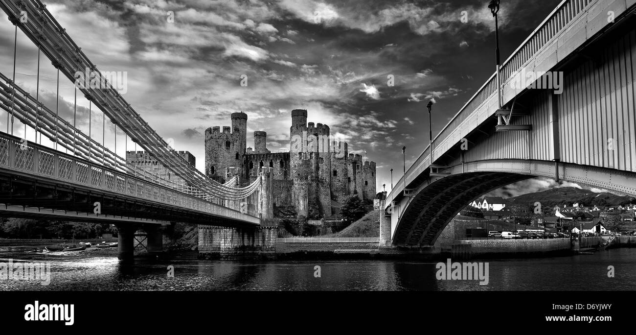 A view of Conwy Castle and the bridges leading to it over the River Conwy. Stock Photo