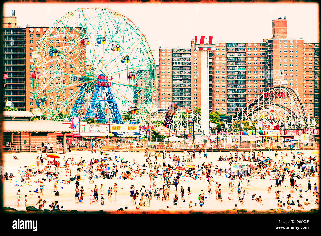 People enjoying amusement park next to beach, Brooklyn, New York, United States - Smartphone Captured Stock Image