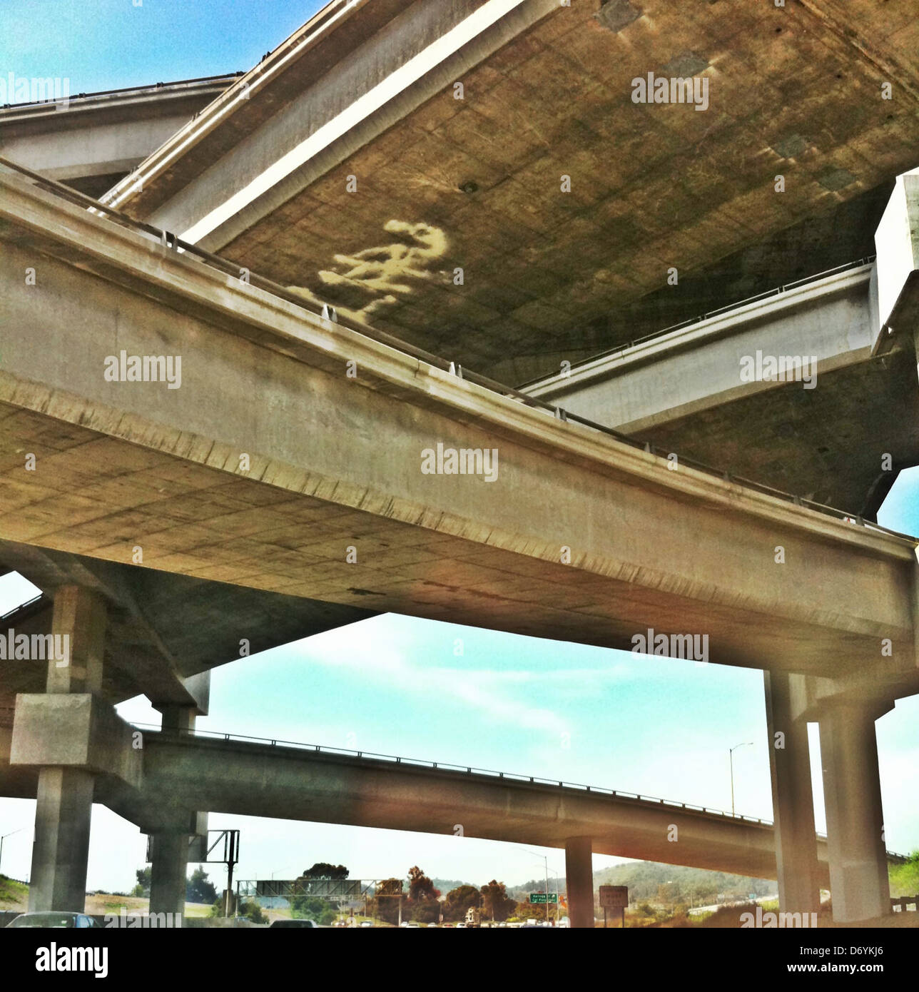 Freeway overpass against blue sky, Los Angeles, California, United States - Smartphone Captured Stock Image