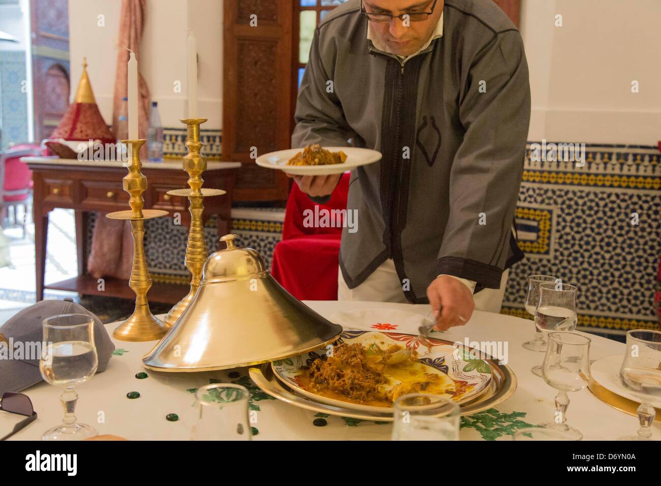 traditional Maroccan food served in a restaurant in Fez, Marocco Stock Photo