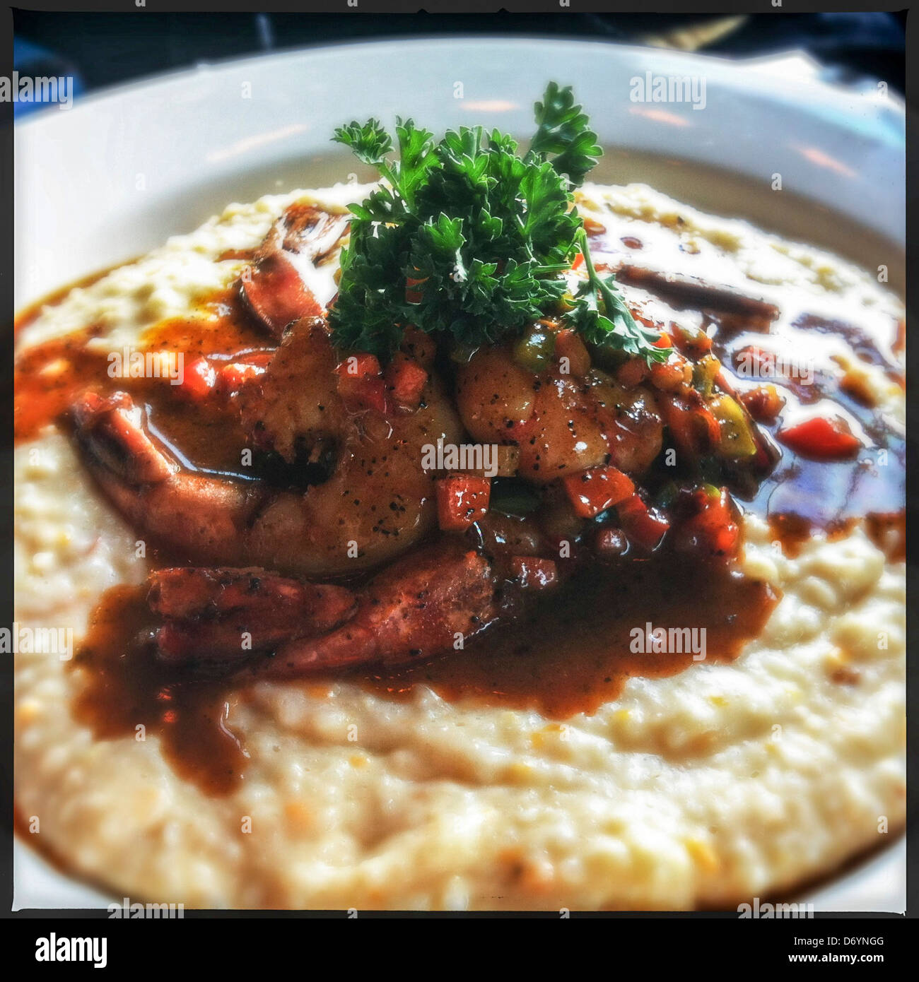 Meat and broth over mashed potatoes - Smartphone Captured Stock Image