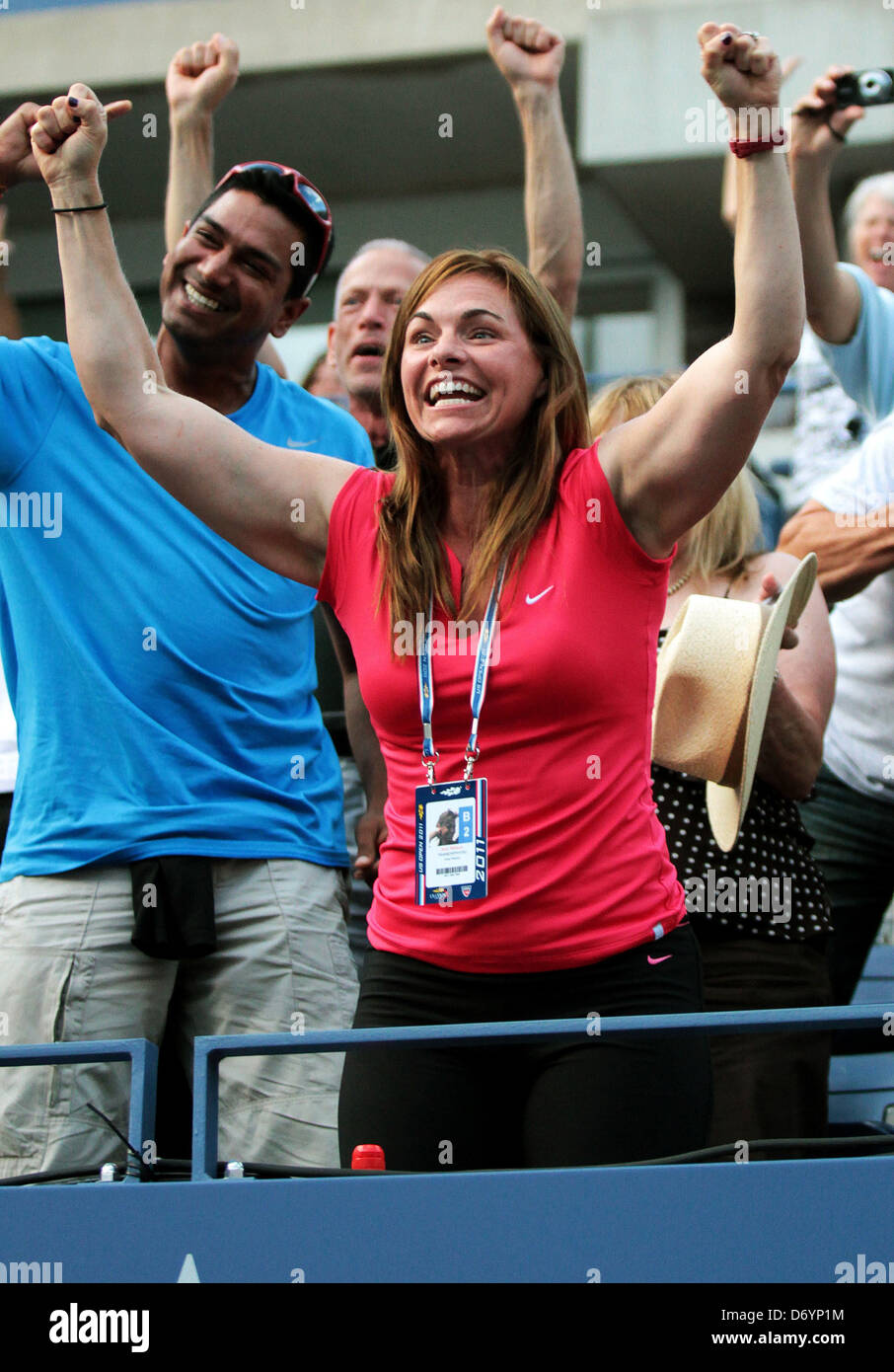 Silvia Falconi mother of Irina Falconi of the USA celebrates after her daughter's winning match against Dominika Cibulkova, Stock Photo