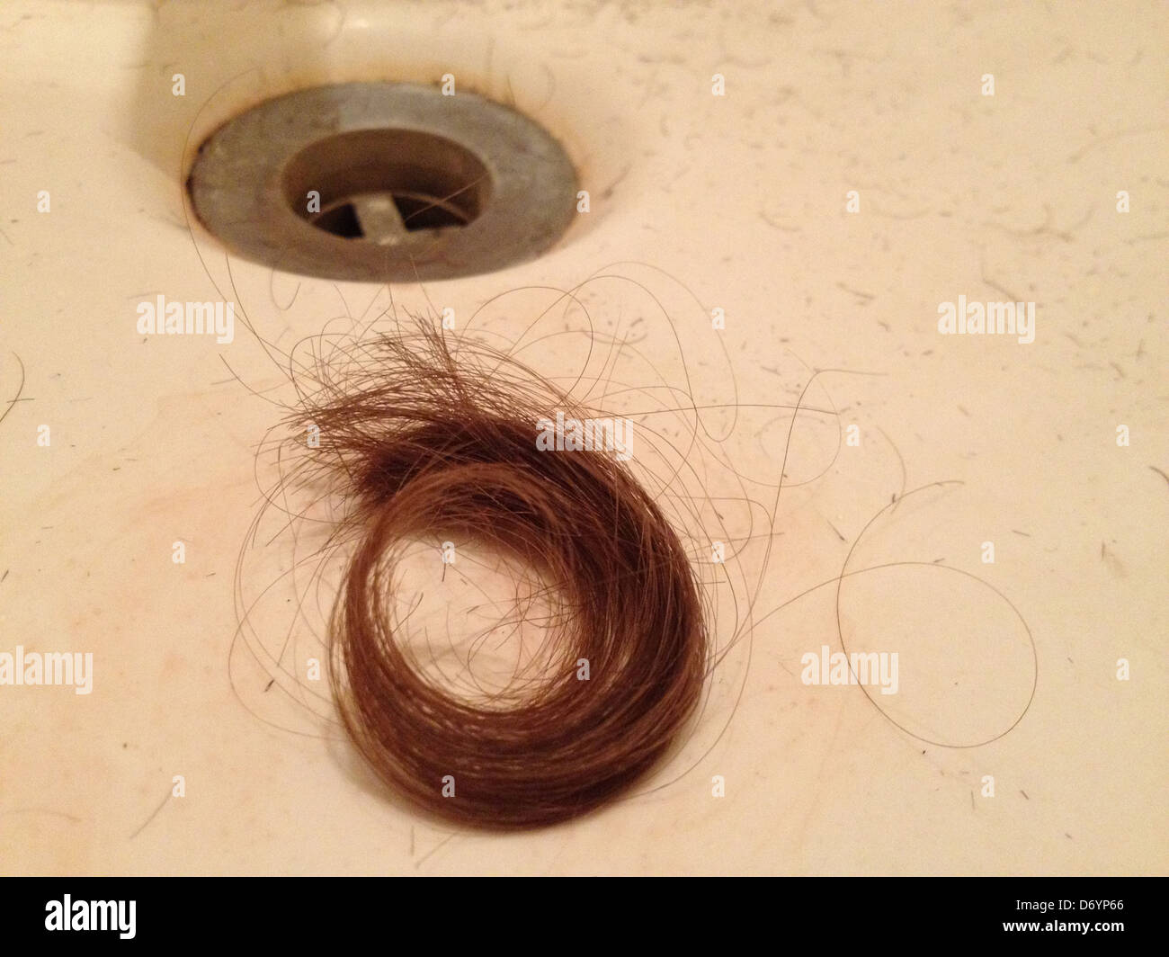 Curled lock of hair in sink Stock Photo Alamy