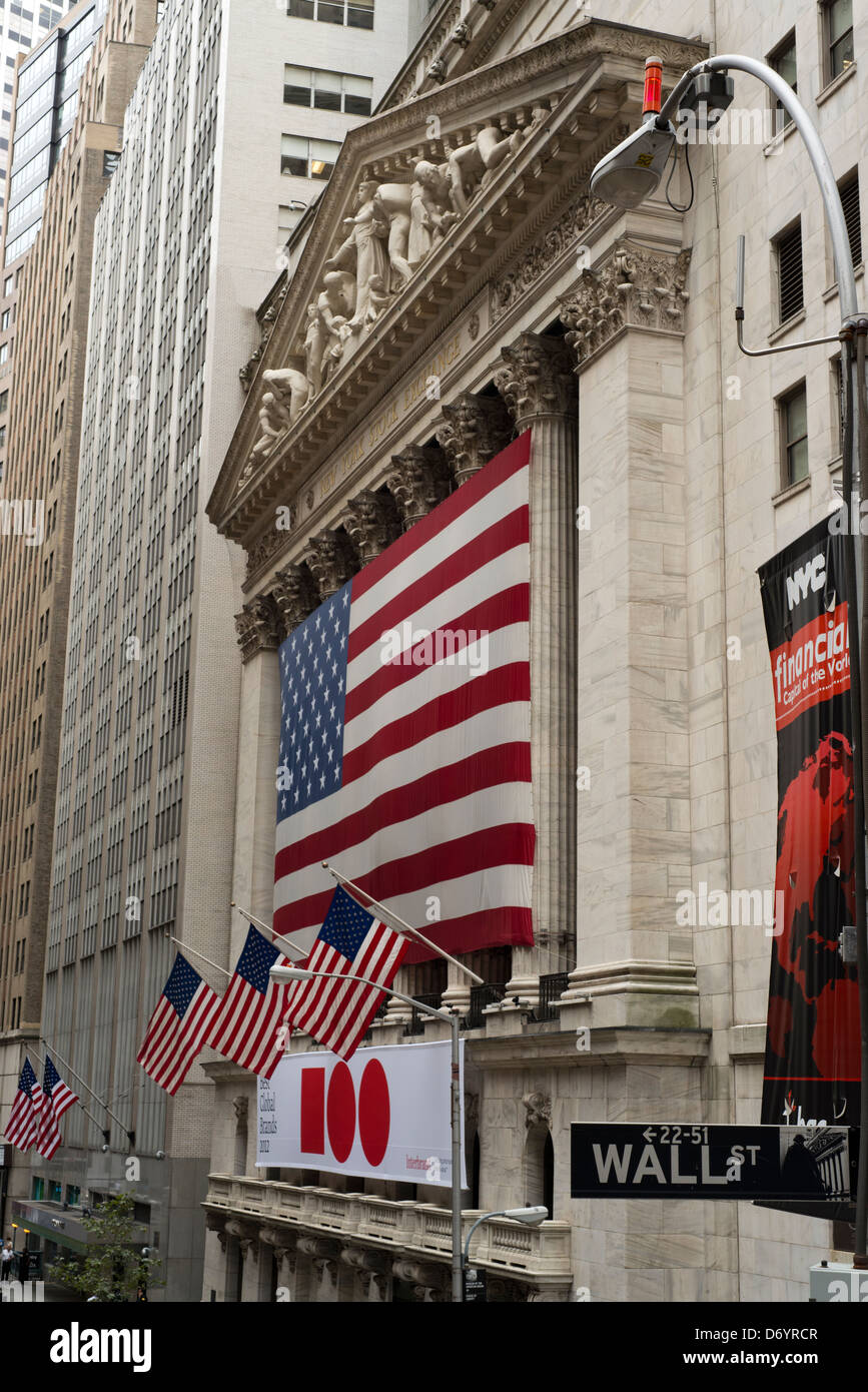Facade of the New York Stock Exchange with Wall Street street sign. Stock Photo