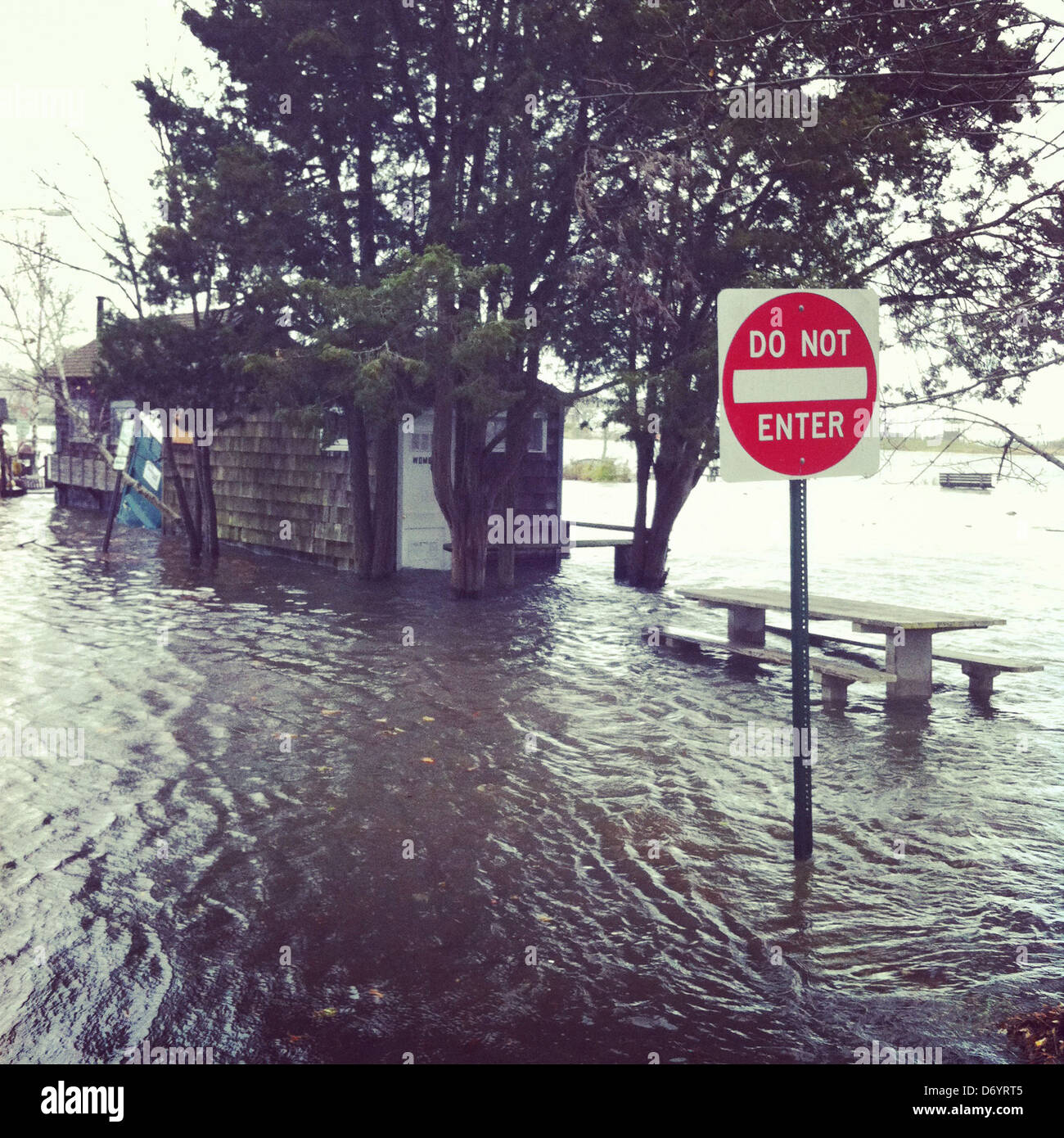 'Do not enter' sign in flooded area, Southport, Connecticut, United