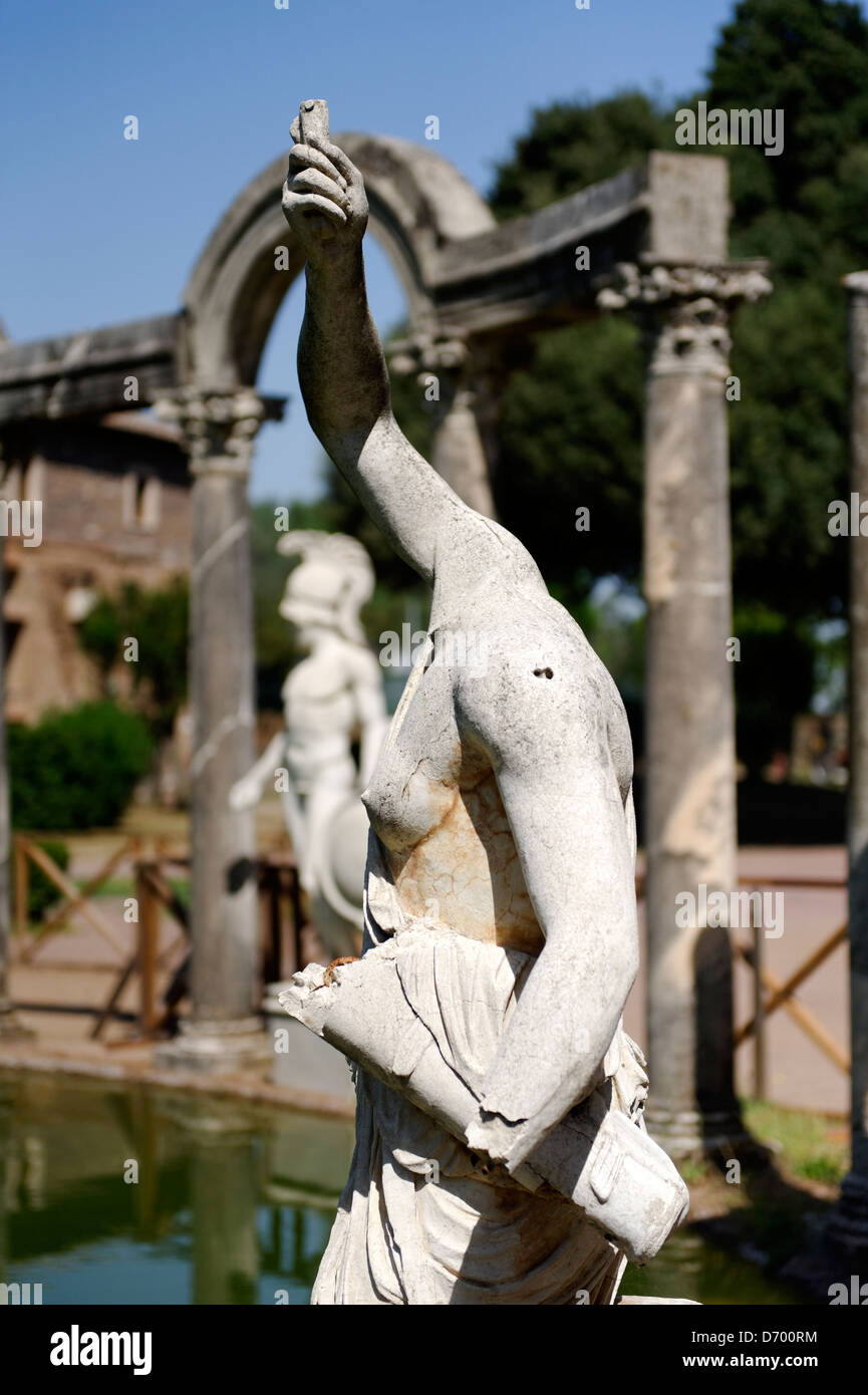Villa Adriana. Tivoli. Italy. View of a statue at the curved north end of the monumental mystical Canopus which is a reflecting Stock Photo