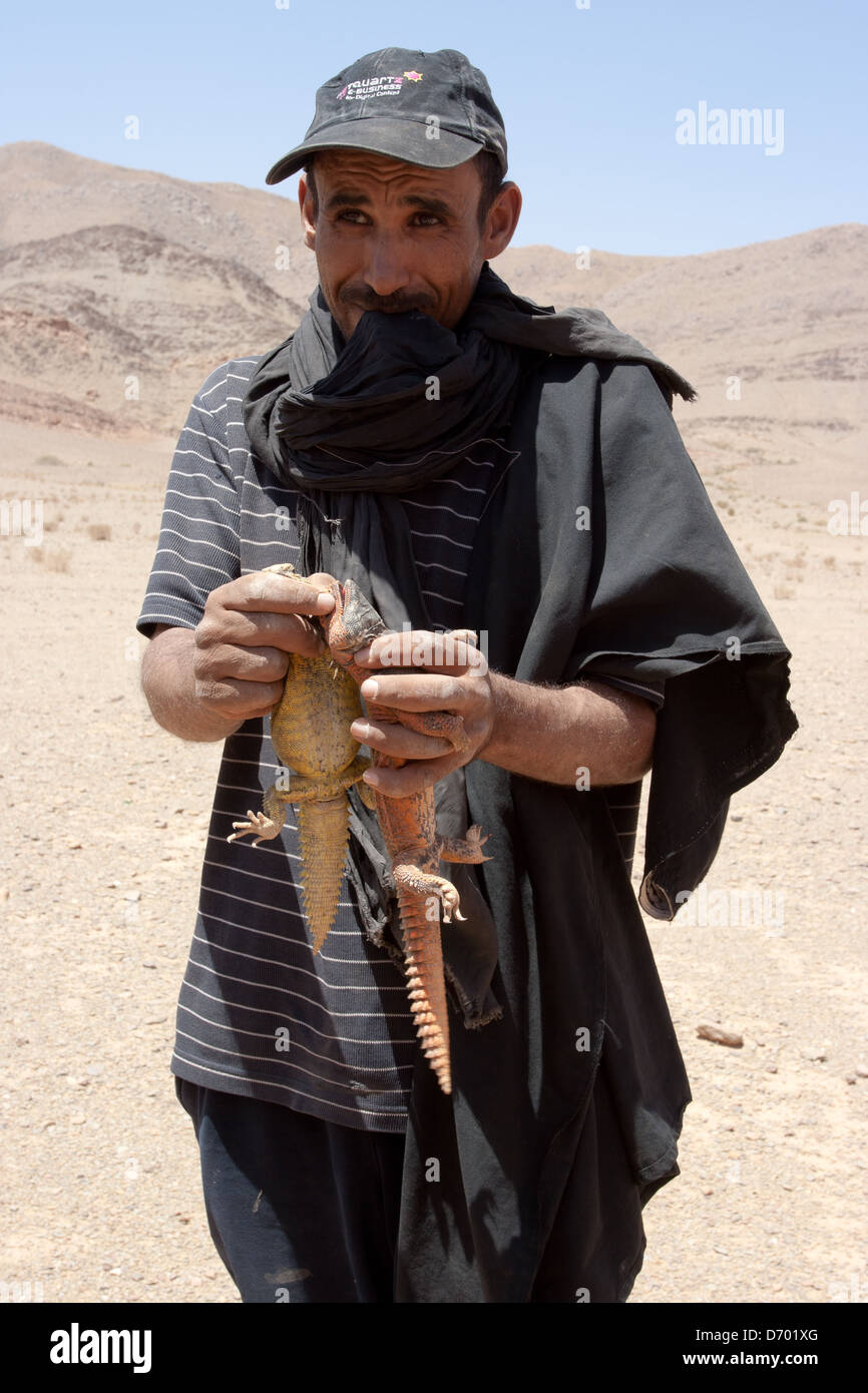 Arab men showing two desert lizards Stock Photo - Alamy