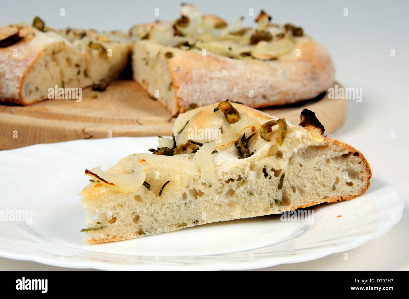 Italian green olive, Onion and Rosemary Focaccia bread. Stock Photo