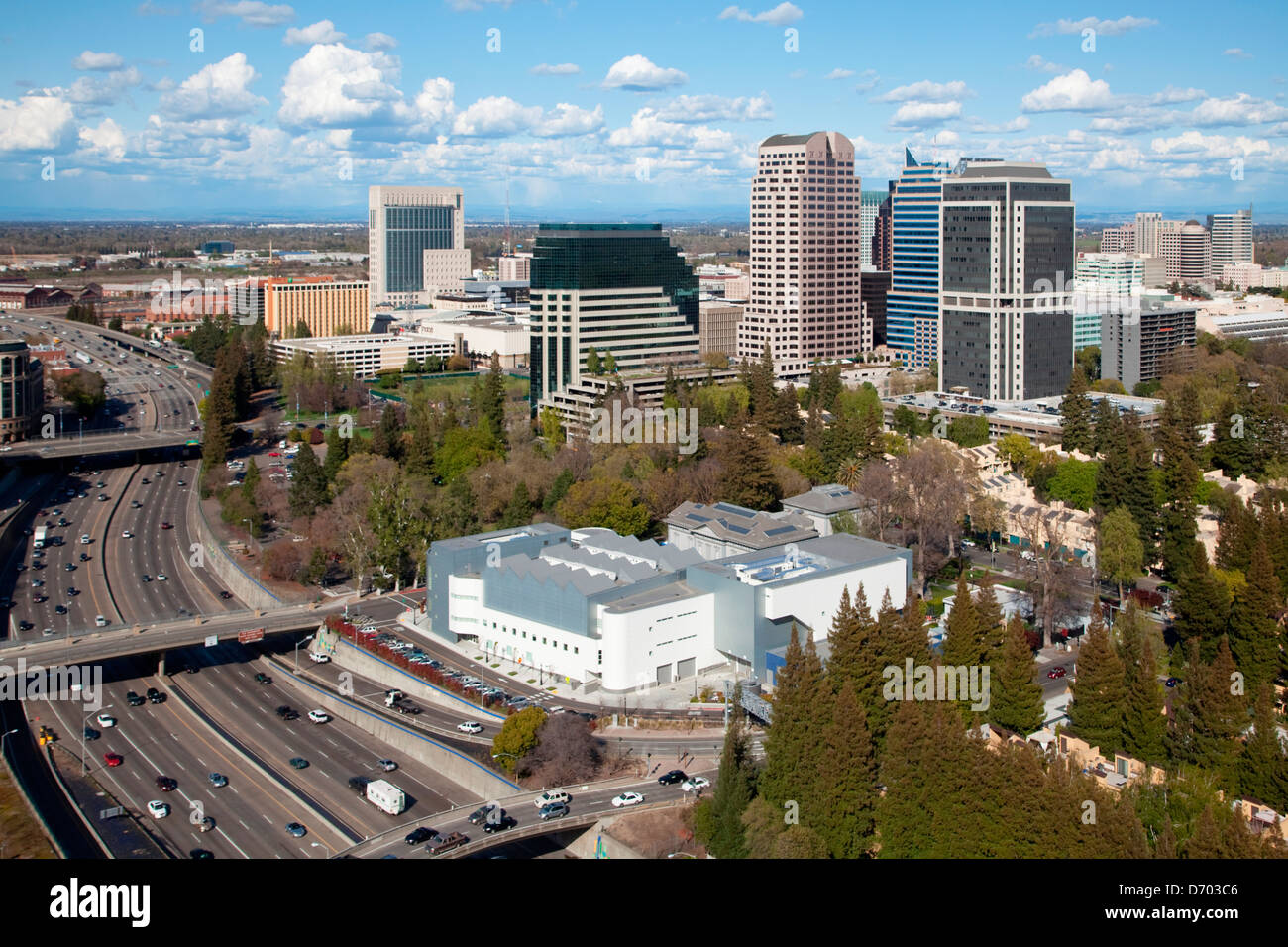 Aerial of the Downtown Skyline of Sacramento with the Crocker Art
