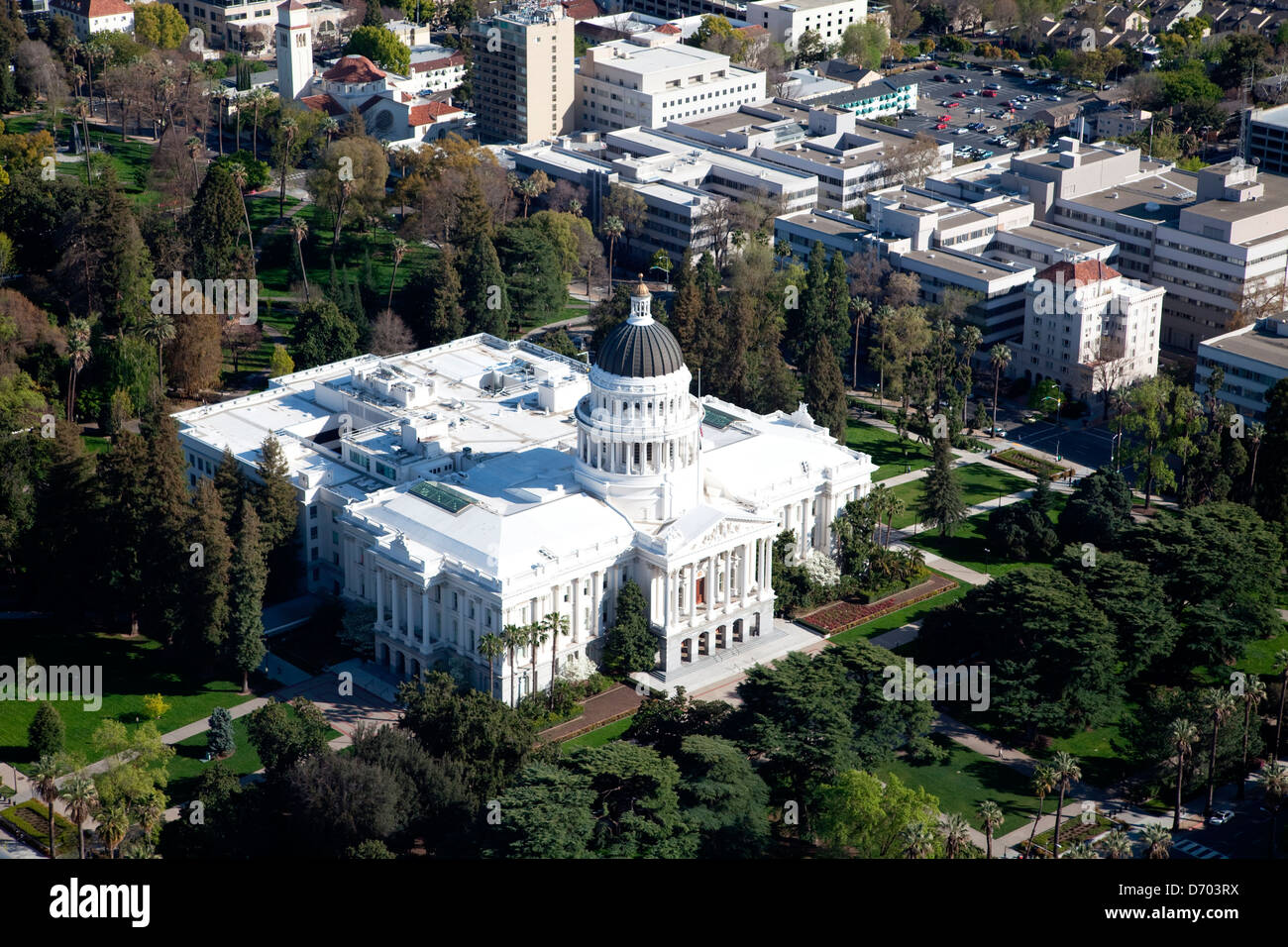 Aerial of the State Capitol Building in Sacramento, California Stock
