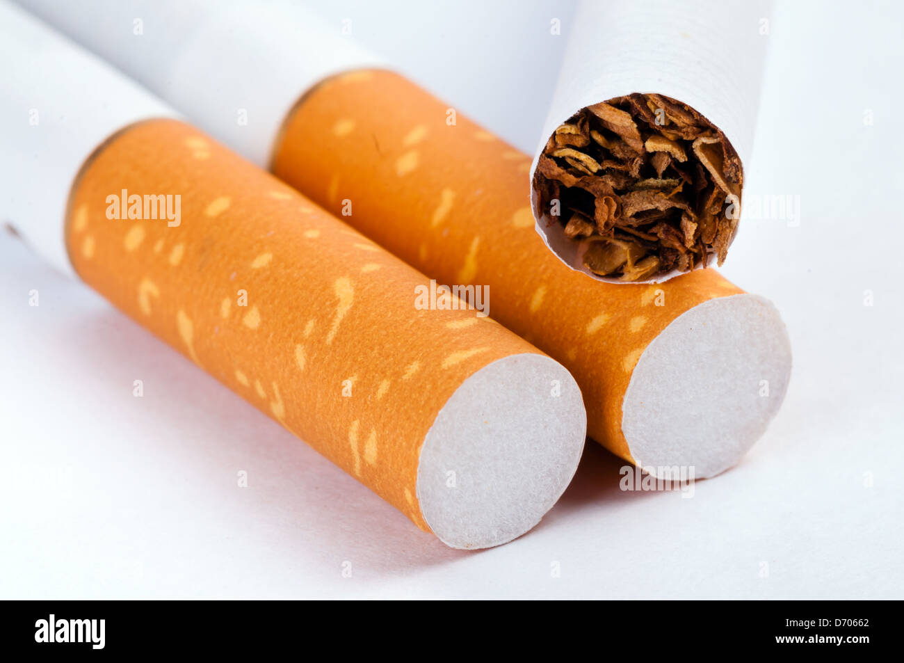 Tobacco in cigarettes with a brown filter close up Stock Photo - Alamy