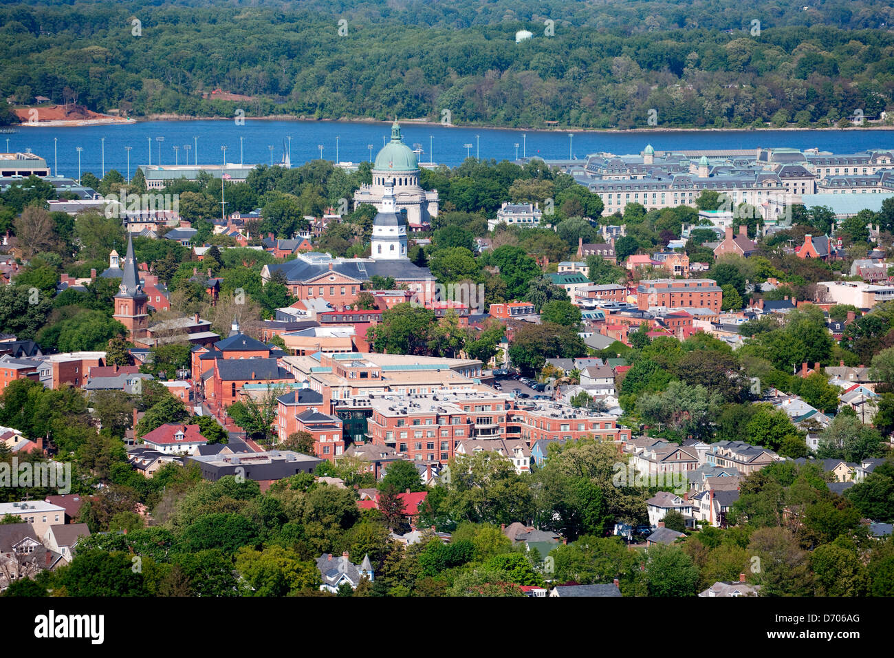 Aerial of Downtown Annapolis with the State House and Naval Academy in center Stock Photo