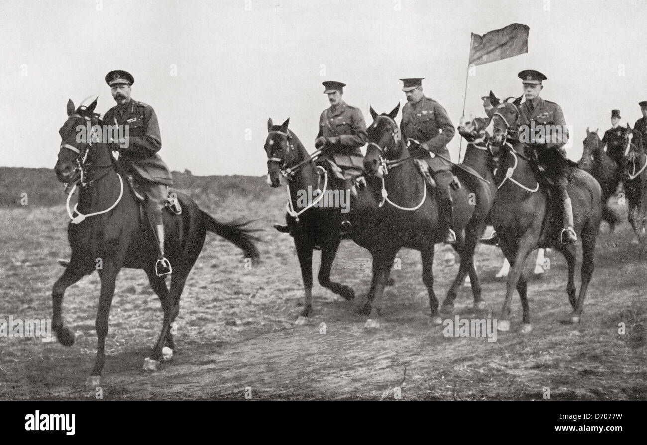 King George V and Lord Kitchener arriving at the parade ground near Aldershot for an inspection of Irish Soldiers. Stock Photo