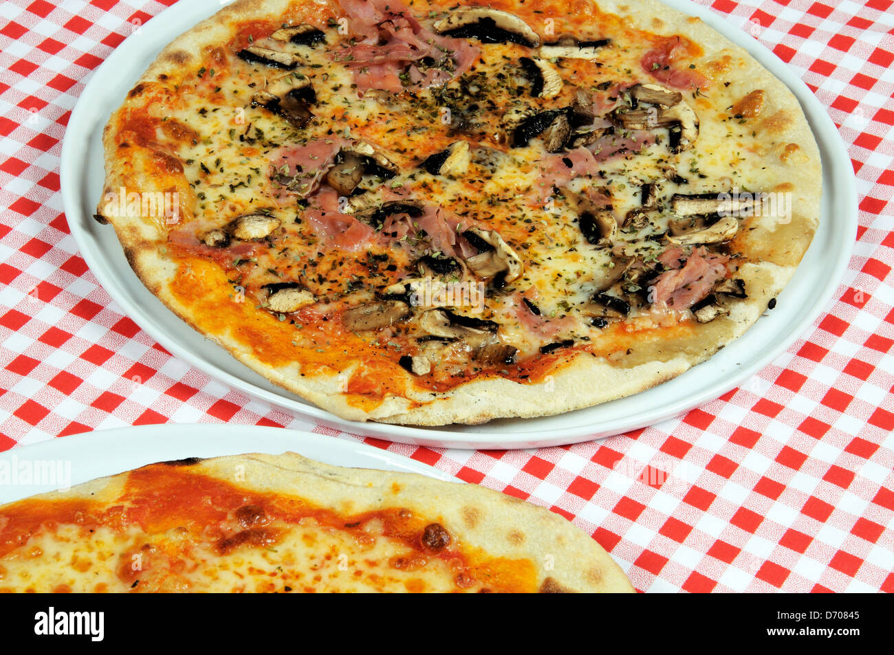 Stone baked ham and mushroom pizza Stock Photo Alamy