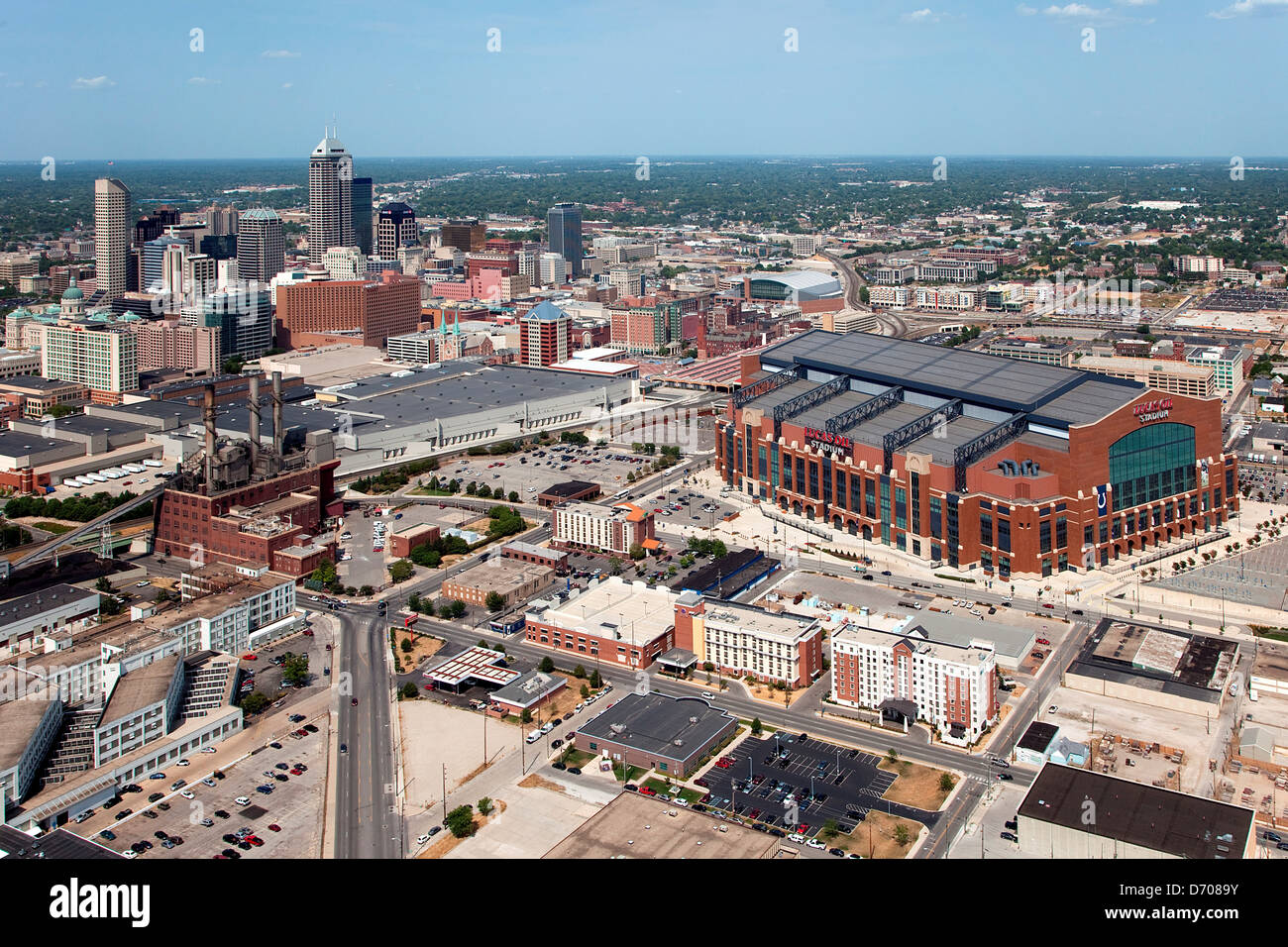 Aerial of Downtown Indianapolis, Indiana with Lucas Oil Stadium in the Foreground Stock Photo