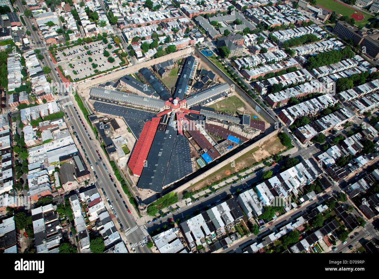 Aerial of The Eastern State Penitentiary, Philadelphia, Pennsylvania Stock Photo