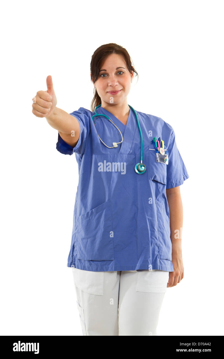 Female doctor doing thumb up and smiling, isolated Stock Photo - Alamy