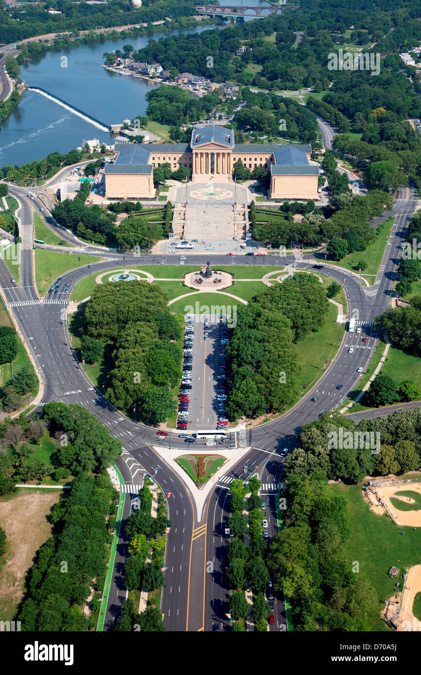 Aerial of The Philadelphia Museum of Art with Benjamin Franklin Parkway in the Foreground, Philadelphia, Pennsylvania Stock Photo