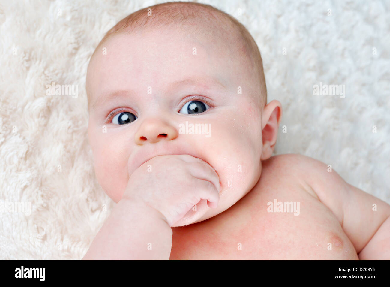 Portrait of beautiful 3 months old baby teething and sucking on its hand to sooth itself Stock Photo