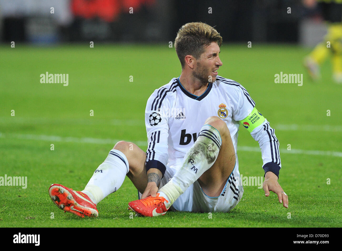 Dortmund Germany 24 April 13 Madrid S Sergio Ramos Sits On The Pitch During The Uefa Champions League Semi Final First Leg Soccer Match Between Borussia Dortmund And Real Madrid At Bvb Stadium Dortmund