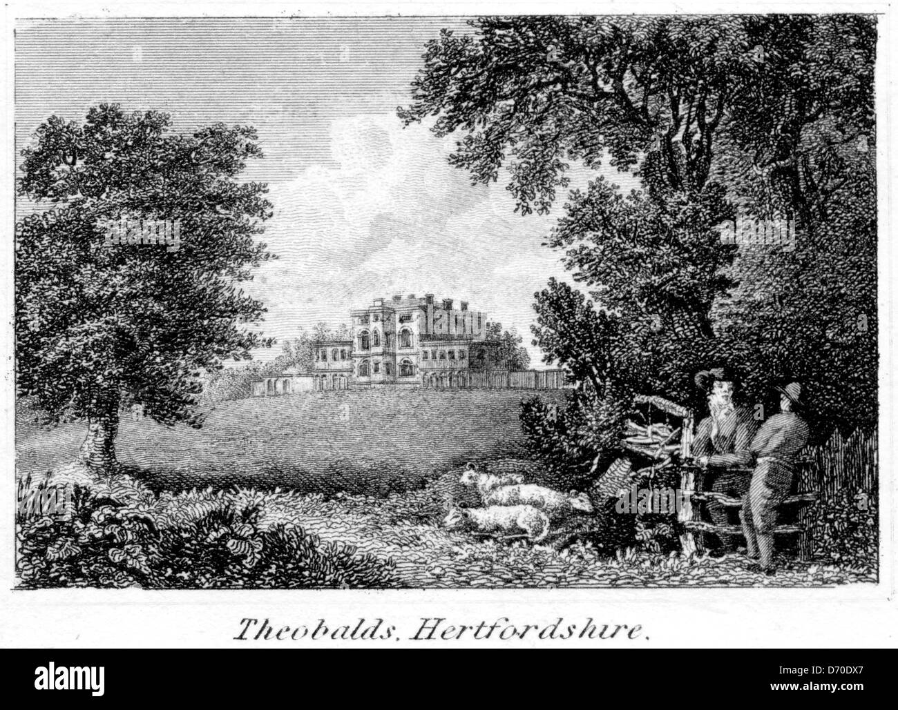 An engraving entitled ' Theobalds. Hertfordshire ' scanned at high resolution from a book published in 1825. Believed copyright free. Stock Photo