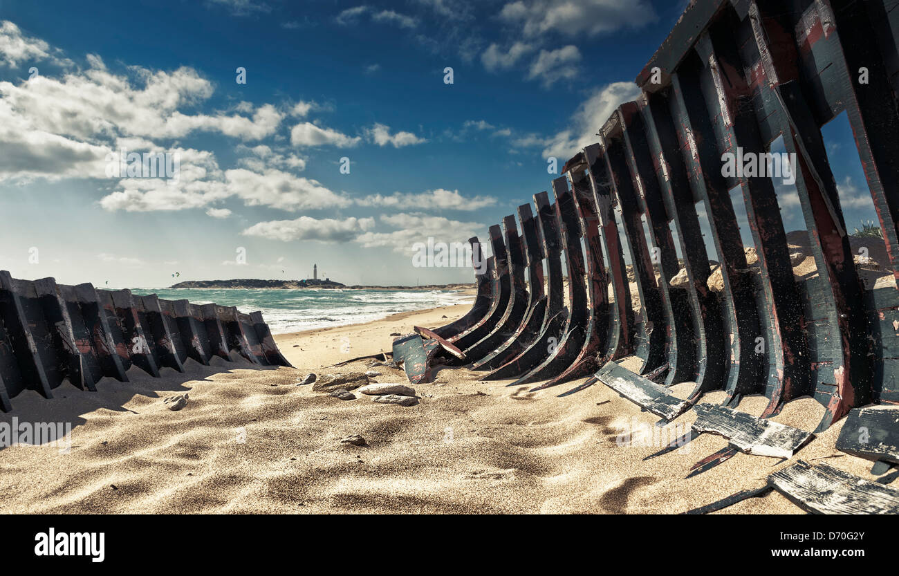 Beach view of Cape Trafalgar from Los Caños de Meca. Costa de la Luz, Cadiz, Andalusia, Spain. Stock Photo